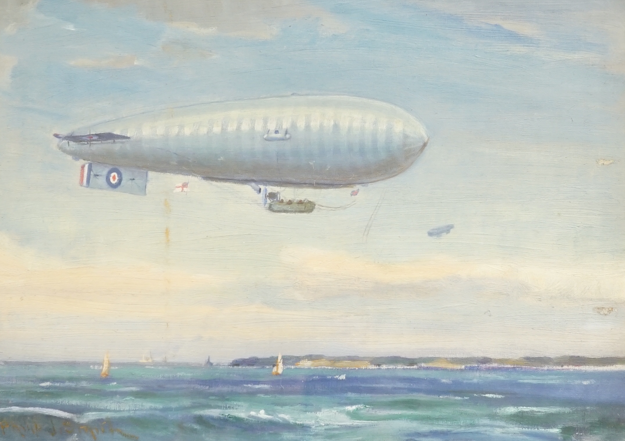 Philip J. Smith, oil on canvas, RAF dirigible over the sea, c.1914, signed, Crew and service details in pen verso, 25 x 35cm